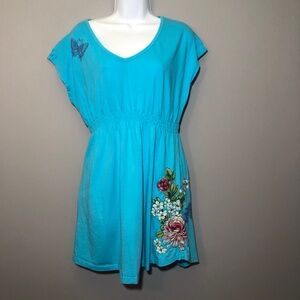 Johnny Was JW Embroidered Short Dress Pullover Boho Blue Medium *Flaw READ